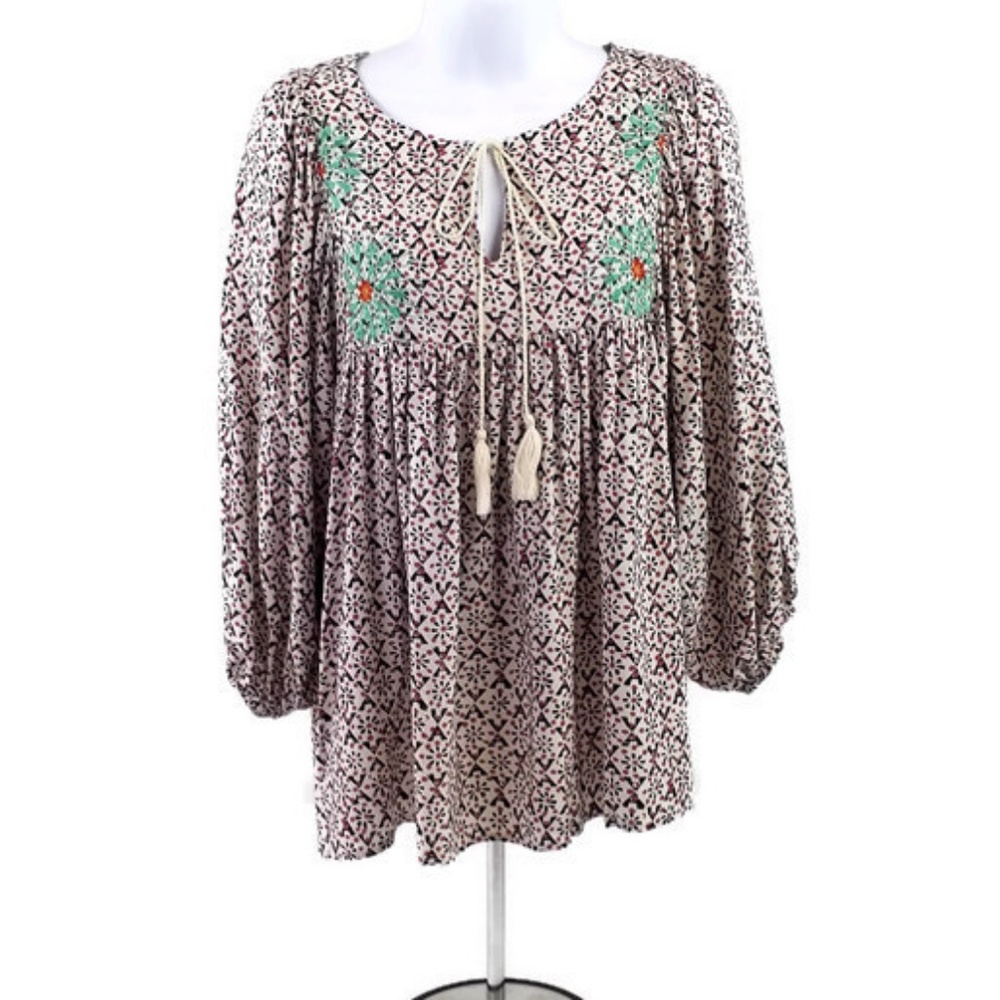 Umgee Multicolor Print Embroidered 3/4 Sleeve Peasant Top Womens Size Medium